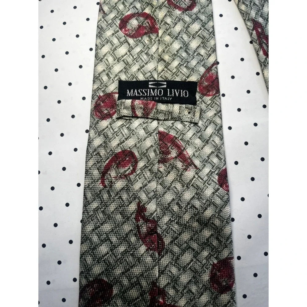 Massimo Livio Mens Silk Tie Italy Sage Green Red Paisley Basketweave Textured